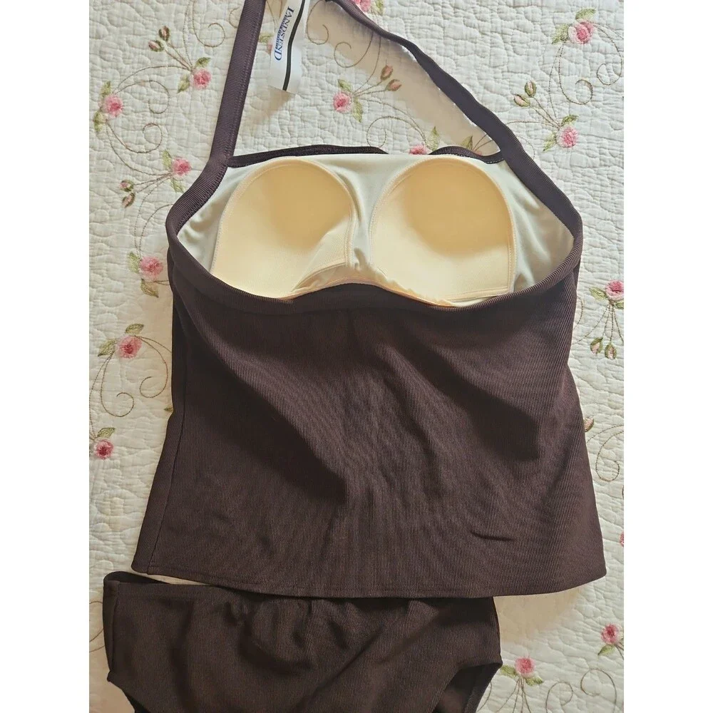 Land's End Brown Ribbed Tankini Swimsuit Bathing Suit SZ 16 Long NWT